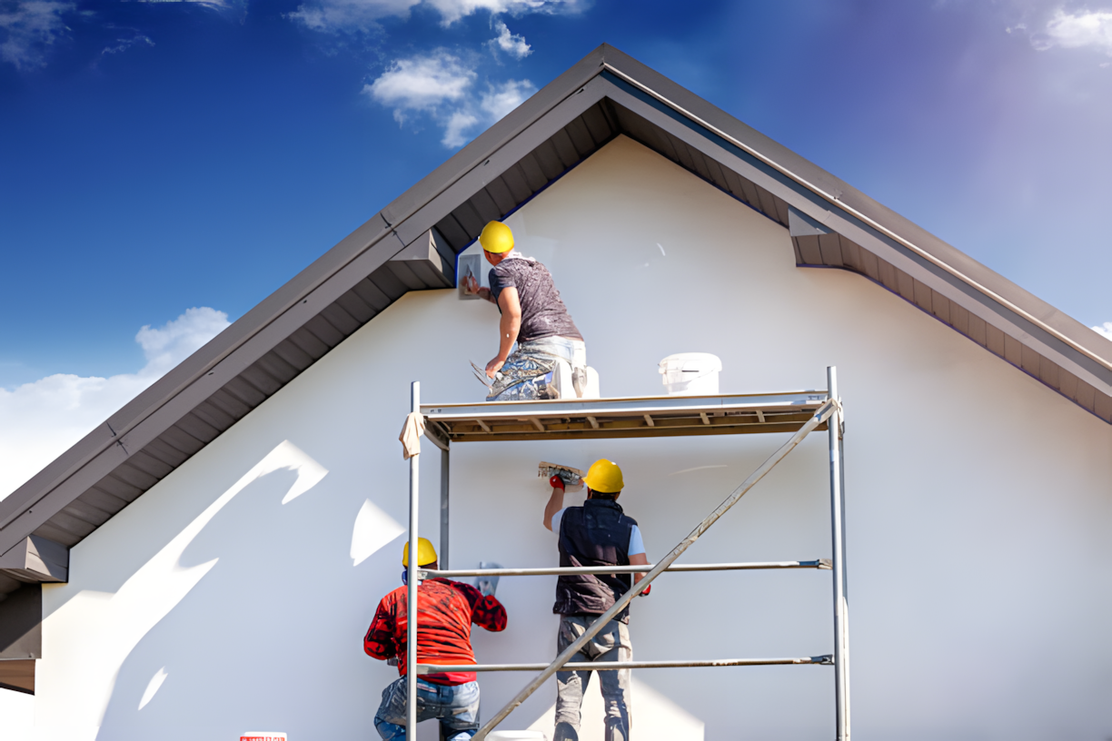 équipe d'artisans façadiers effectuant des travaux de peinture extérieure